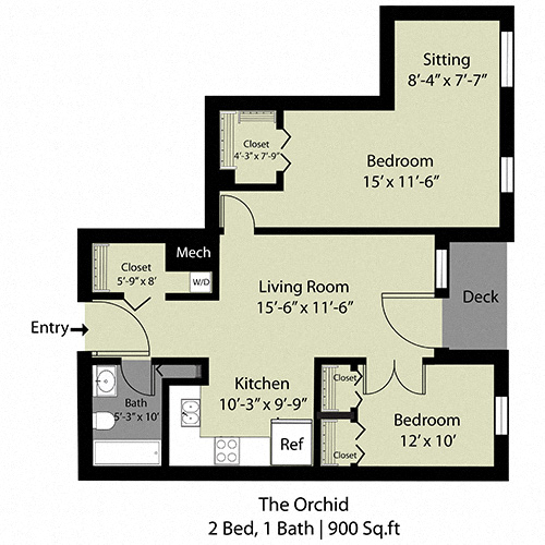 Floor plan for 2 beds, 1 bath, 950 sqft